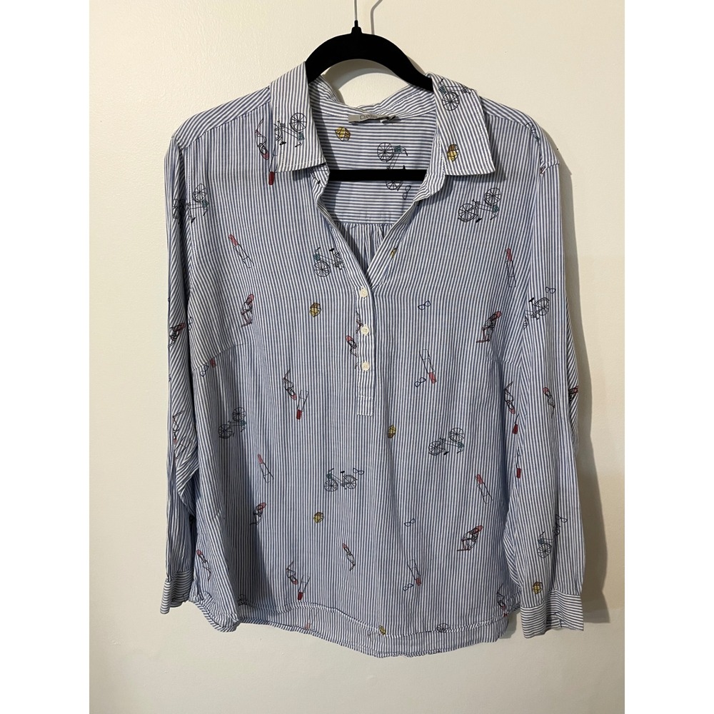 Dalia Womens Blue White Striped Bicycle Lipstick Print Long Sleeve Blouse XL